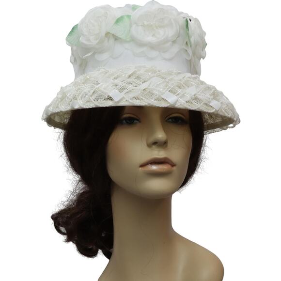 Vintage 60s White Floral Bucket Hat Lace Chiffon Union Label main image 5
